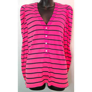 Crown & Ivy Women's 1x Coral Navy Long Sleeve Horizontal Stripe Shirt V Neck